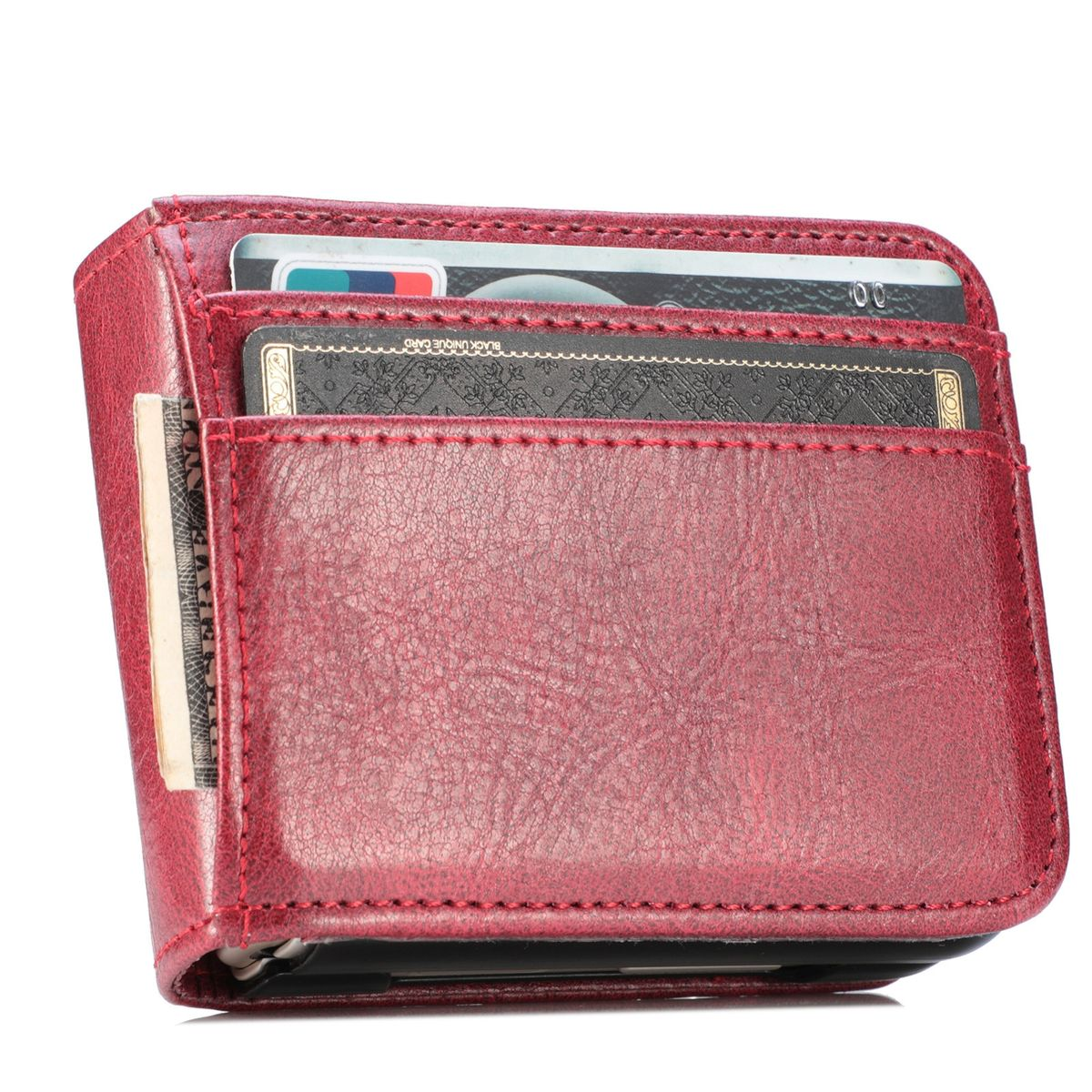 Rote Leder-Geldbörsenhülle mit Kartenfächern. Enthält Karten und Bargeld.