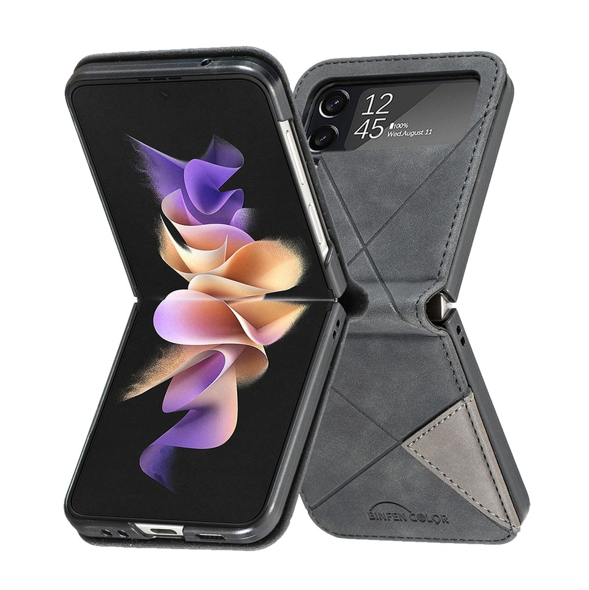 Dunkelgraue, zusammenklappbare Handyhülle mit schwarz-grauem Design, offen auf weißem Hintergrund.