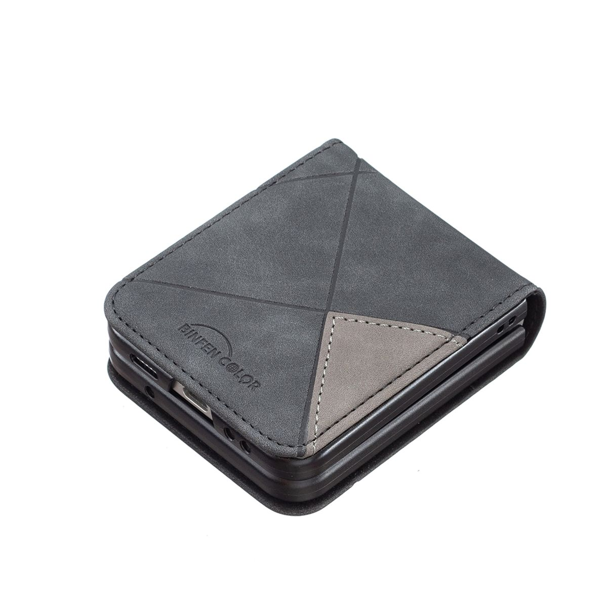 Dunkelgraues, geschlossenes Handycase. Dreifarbiges Design mit grauen und hellgrauen Abschnitten. Markenname: BINFEN COLOR.