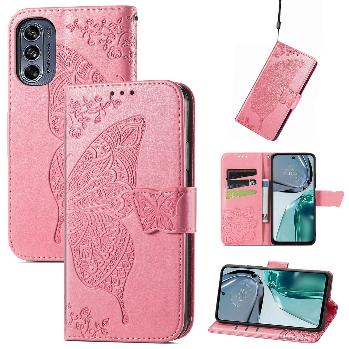 Rosa Handyhülle mit Schmetterlingsdesign. Mehrere Ansichten, Telefon innen.