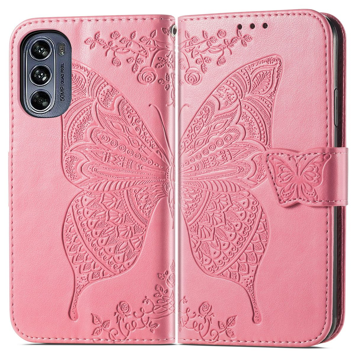 Rosa Handyhülle in Schmetterlingsform, geöffnet, um das Telefon mit einem dekorativen Muster zu zeigen.