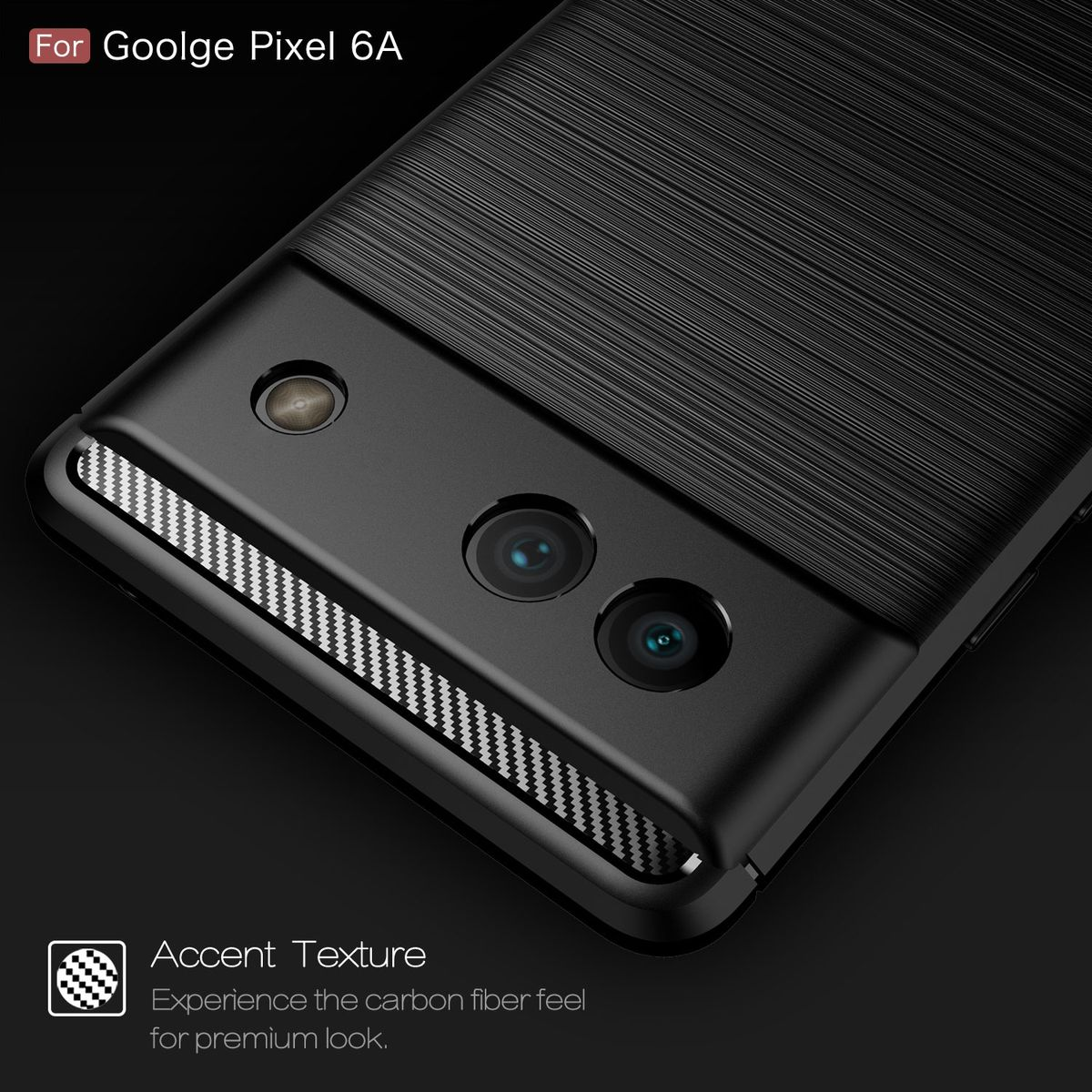Schwarze Handyhülle mit Carbonfaser-Textur, für Google Pixel 6A, mit Kameradetails.