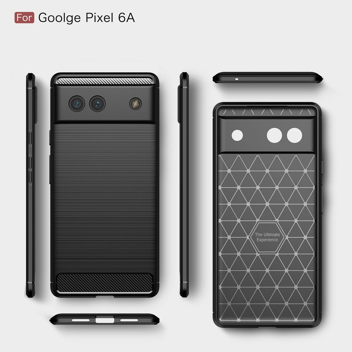 Handyhülle, Google Pixel 6A. Mehrere Ansichten: vorne, hinten, Seiten, zeigt strukturierte schwarze Hülle.