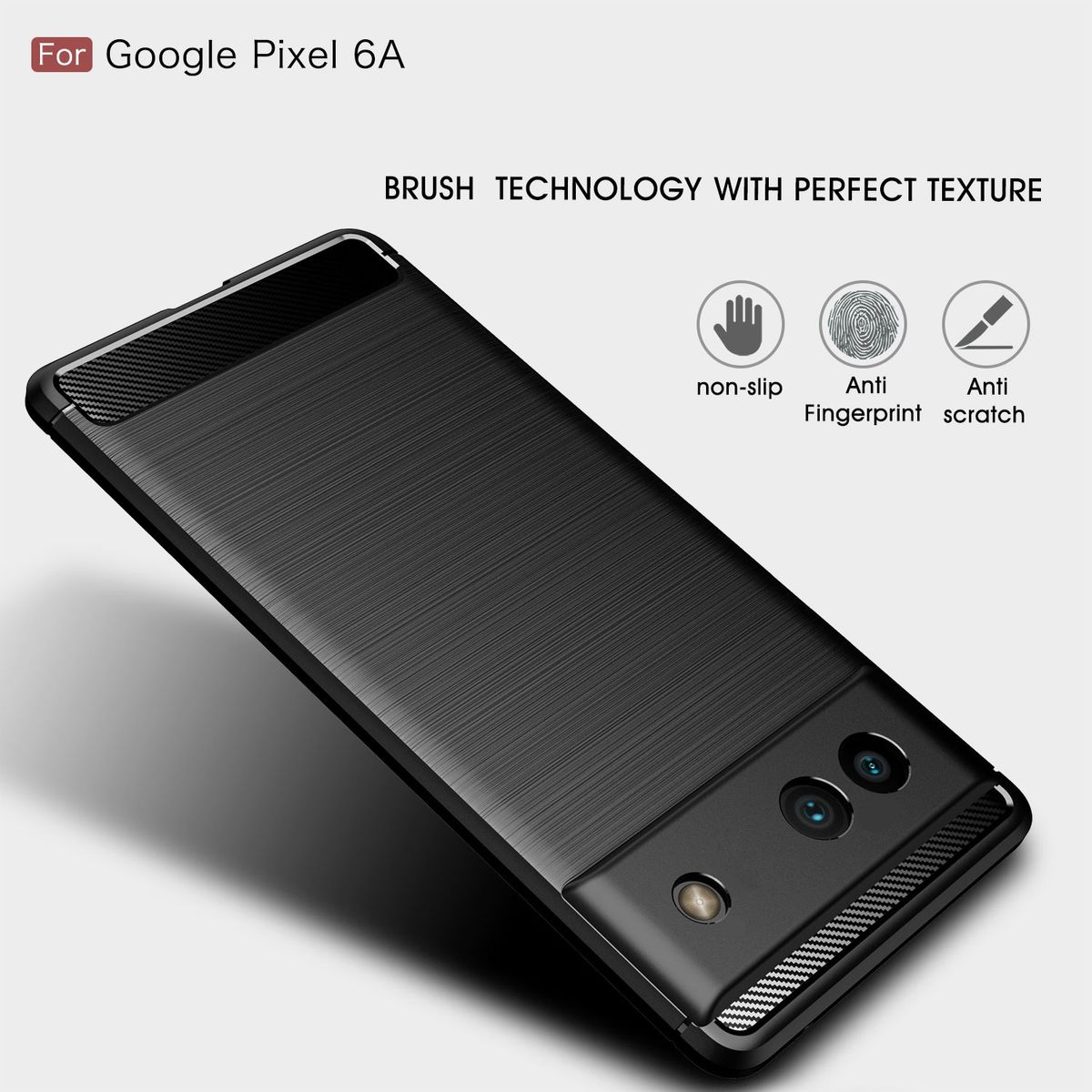 Schwarze Handyhülle mit strukturierter Oberfläche für ein Google Pixel 6A. Die Hülle ist offen.