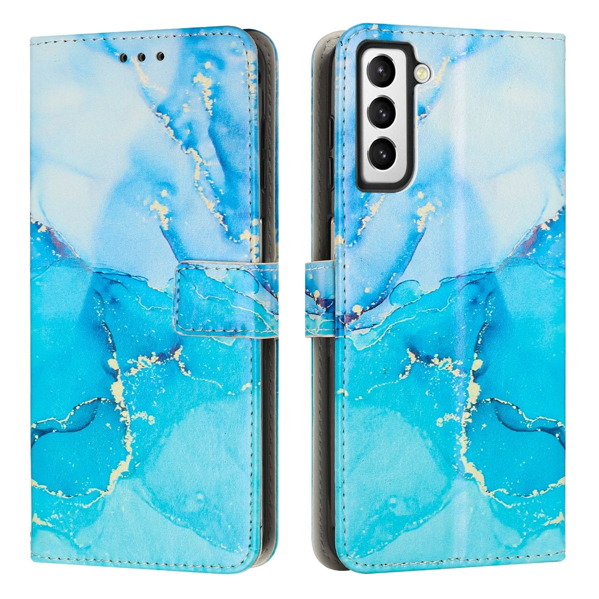Eine blaue Handyhülle mit marmorähnlichem Design wird gezeigt. Das Telefon ist offen.