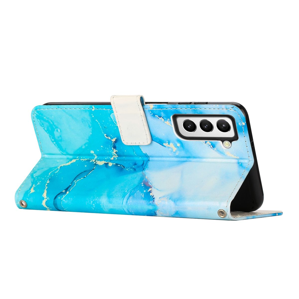 Blau marmoriertes Handy-Case, offen. Zeigt das Telefon und seine Funktionen. Das Case hat einen weißen Riemen.