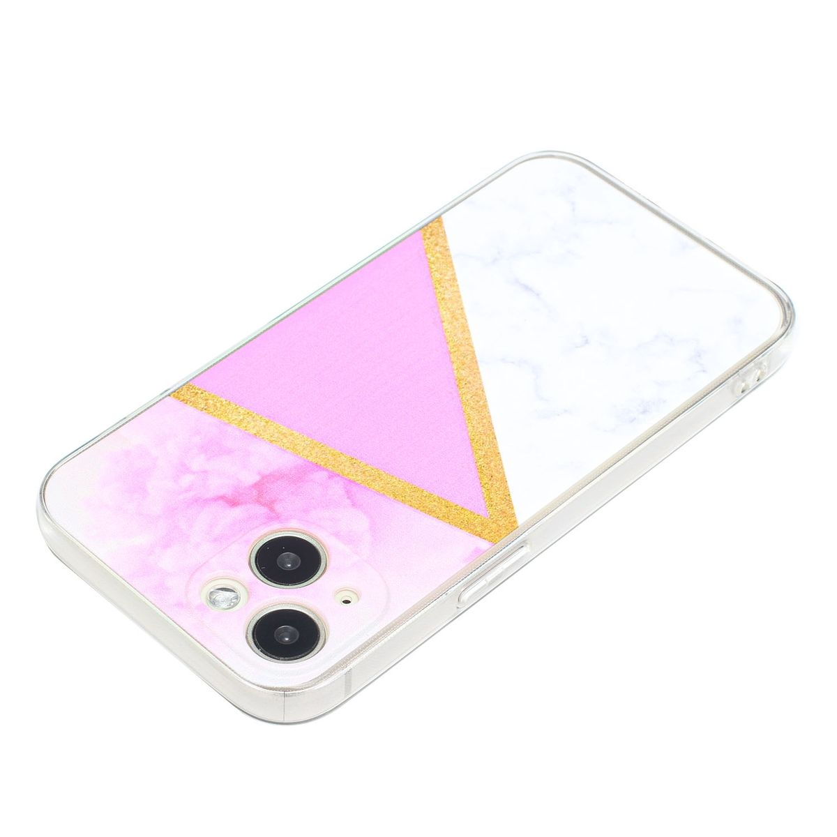 Handyhülle mit rosa, goldenem und weißem Marmordesign. Die Kamera des Telefons ist sichtbar.