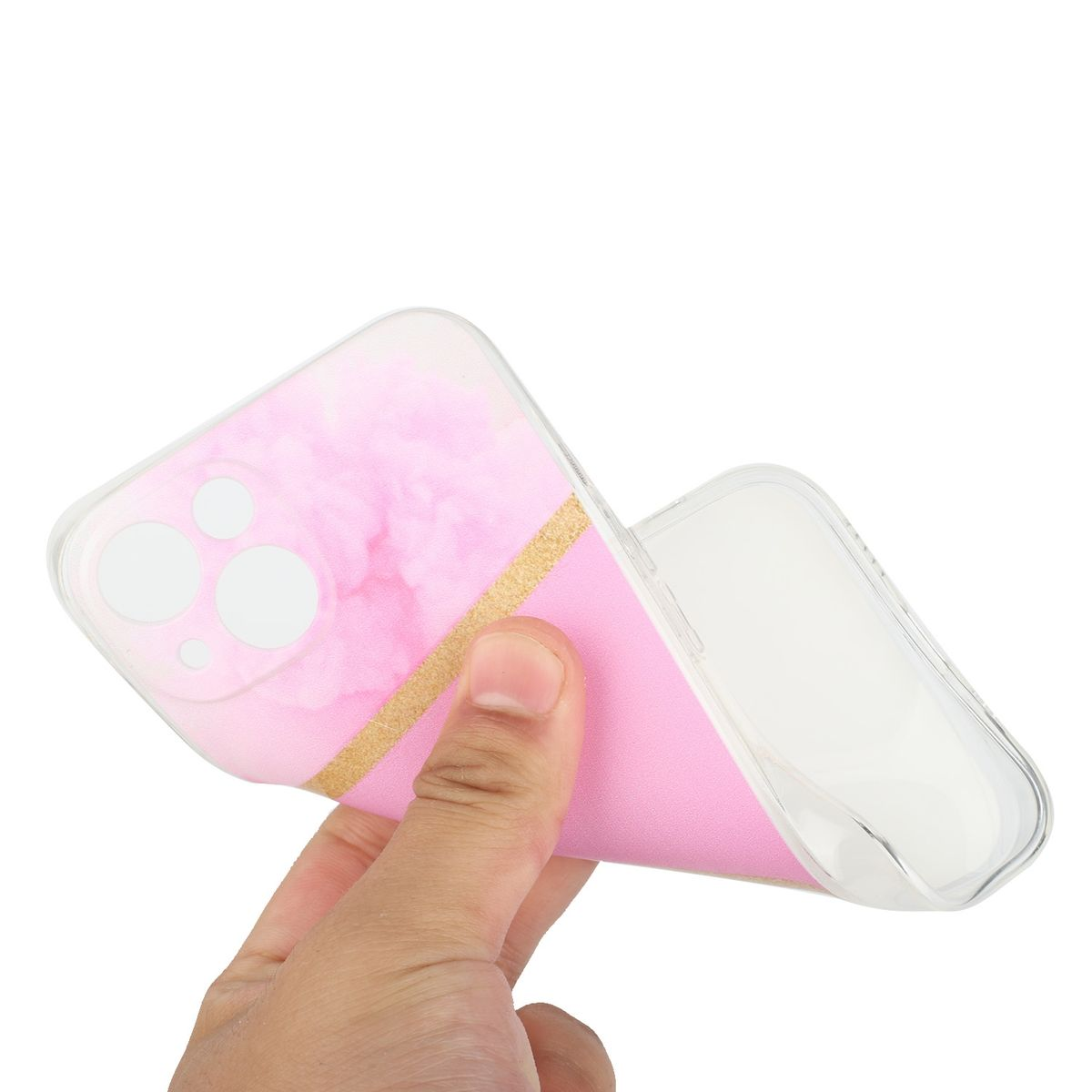Hand hält eine rosa und goldene Handyhülle. Die Hülle ist flexibel und klar.