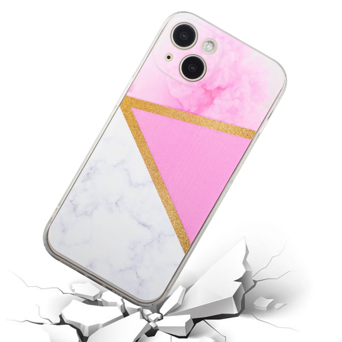 Eine Handyhülle mit weißem Marmor und rosa geometrischem Design, rissiger Boden im Vordergrund.