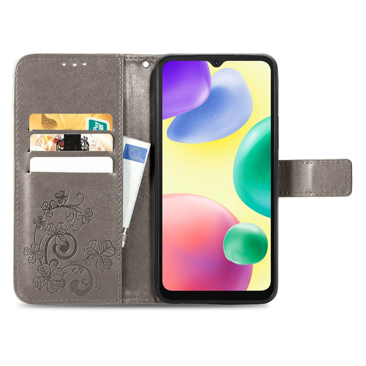 Graue Handyhülle mit Telefon, Karten in Schlitzen und floralem Design. Der Bildschirm des Telefons ist sichtbar.