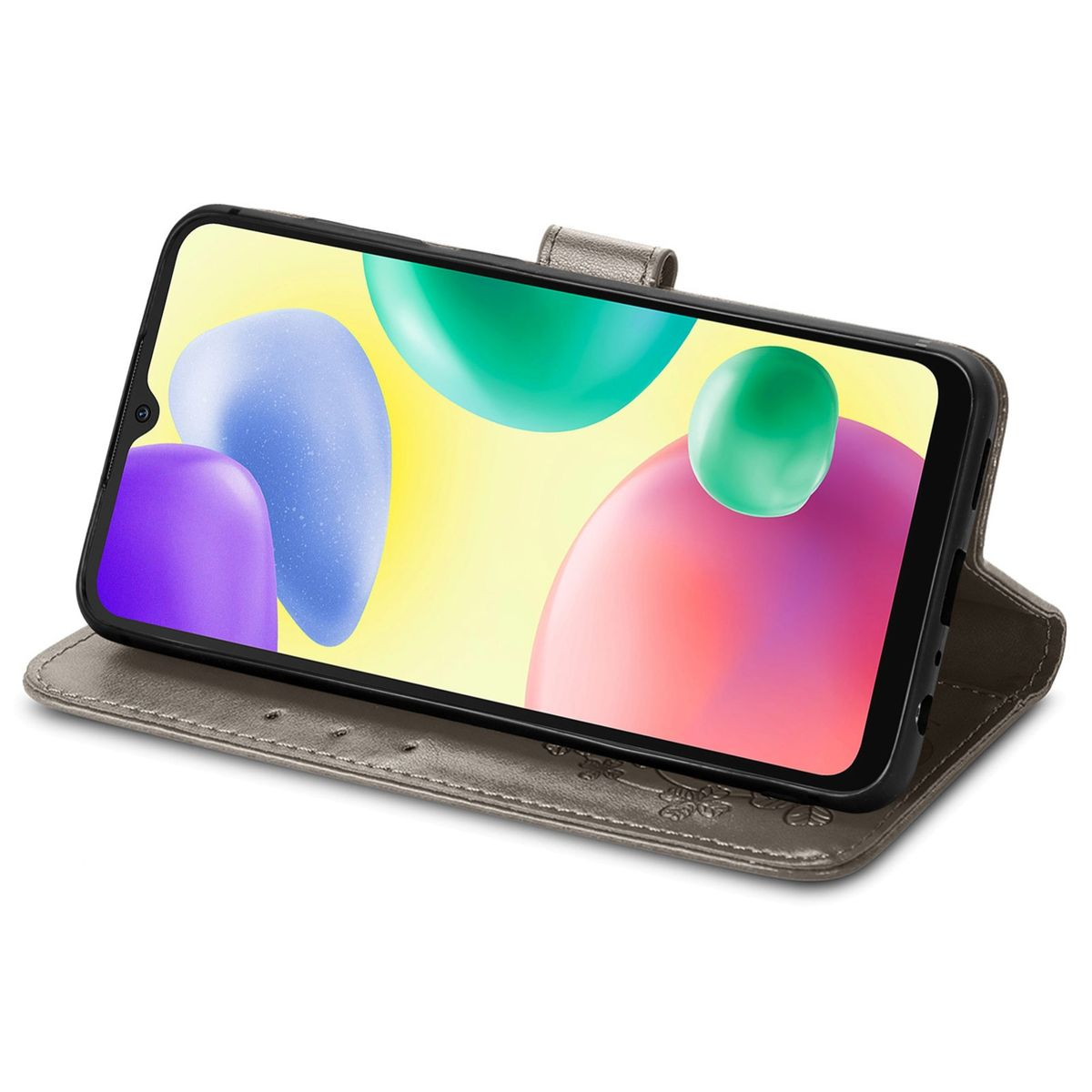 Telefon in grauem Etui, der Bildschirm zeigt bunte Grafiken. Das Etui ist offen.