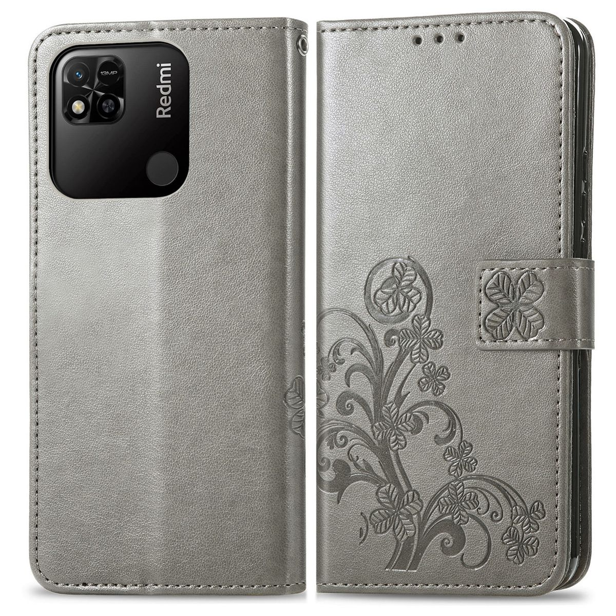 Eine graue Handyhülle mit floralem Design. Das Telefon ist darin sichtbar. Die Hülle ist geöffnet.
