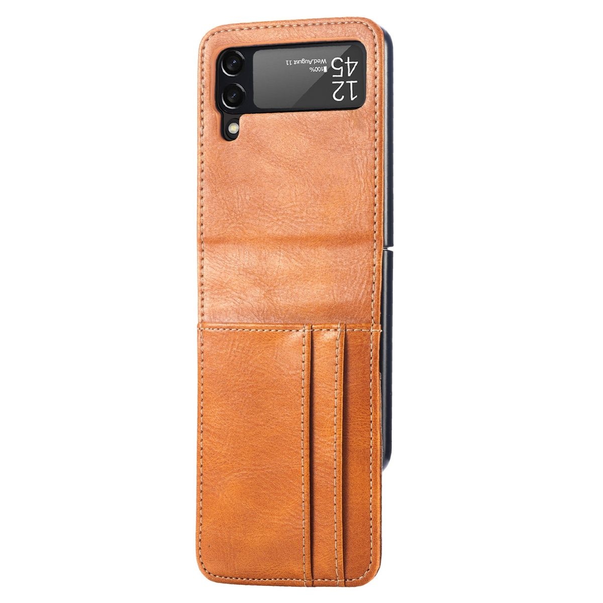 Braune Handyhülle mit Kartenfächern und Telefon, geöffnet mit Bildschirm.