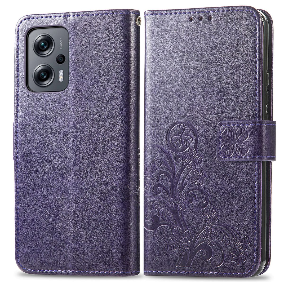 Eine lila Handyhülle, geöffnet, mit floralem Design und einem Telefon im Inneren. Das Telefon hat eine Kamera.
