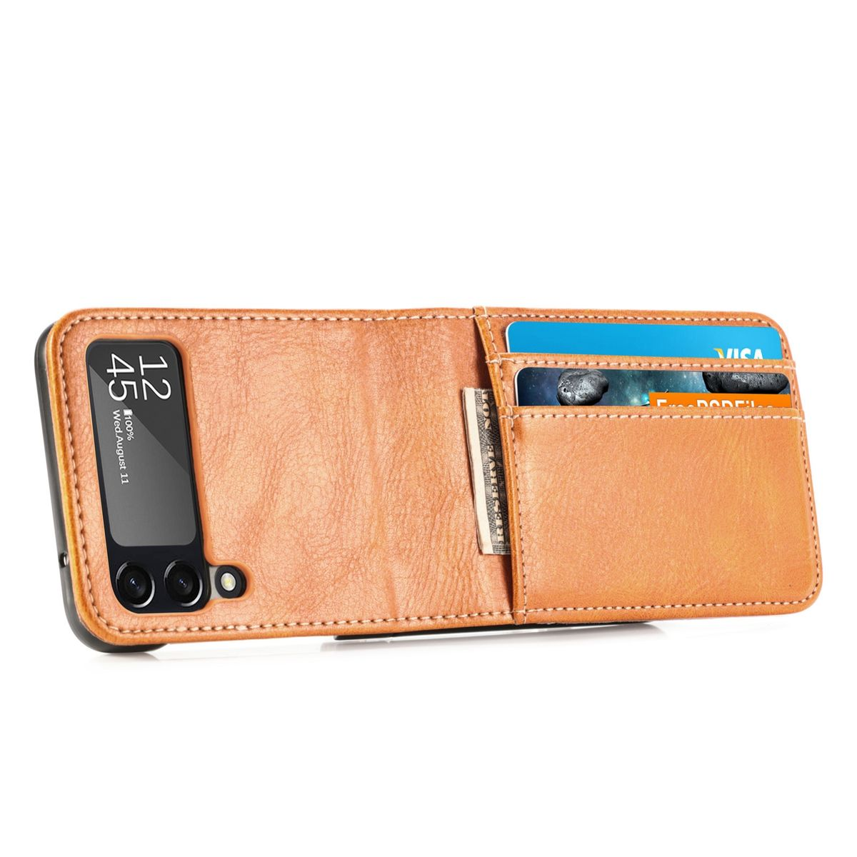 Geöffnete braune Handyhülle mit Telefon im Inneren, zeigt einen Kartensteckplatz und eine kleine Tasche.