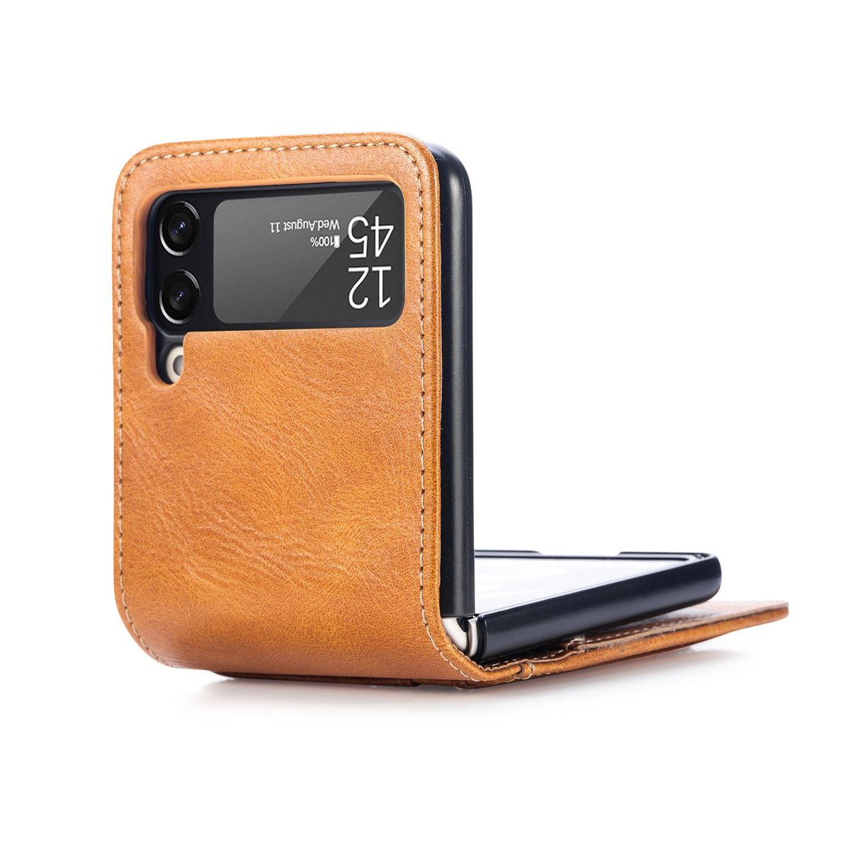 Geöffnete braune Leder-Handyhülle, die ein schwarzes Telefon mit kleinem Bildschirm zeigt.