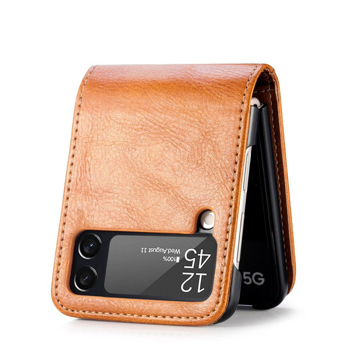 Braune Leder-Flip-Phone-Hülle mit Telefon, das Zeit und Datum anzeigt.