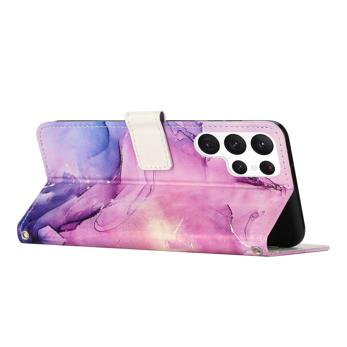 Handyhülle offen. Telefon im Inneren. Pink mit lila und blauen Wirbeln. Weißer Verschluss zum Schließen.