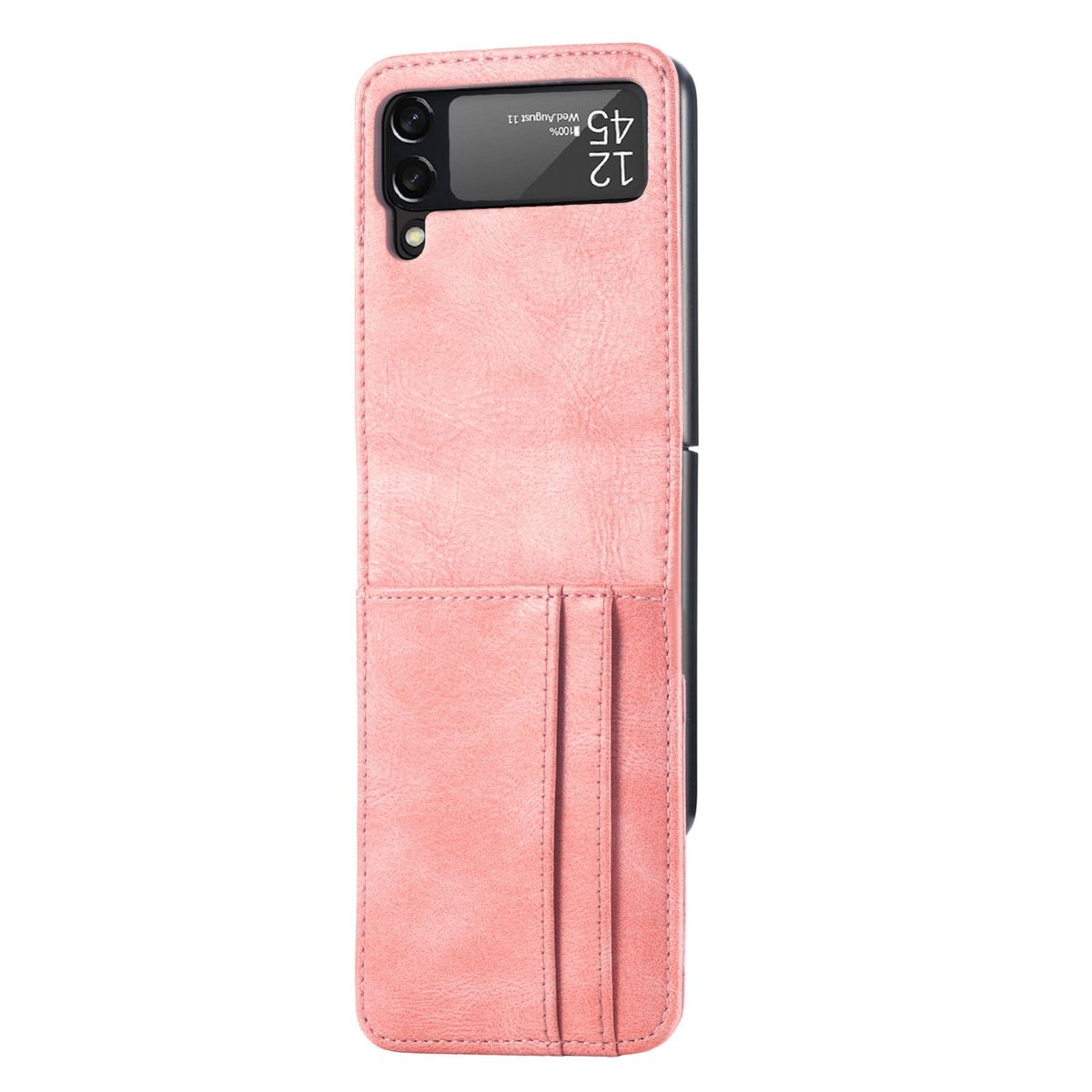 Rosa Handyhülle mit Tasche und Kartenfächern. Der Bildschirm zeigt Uhrzeit und Datum.