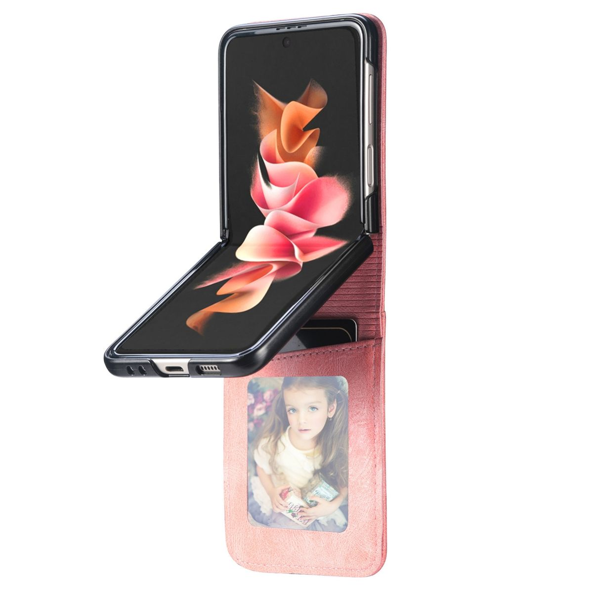 Rosa Handyhülle mit offenem Telefon, das ein Bild eines Kindes und Kartenfächer zeigt.