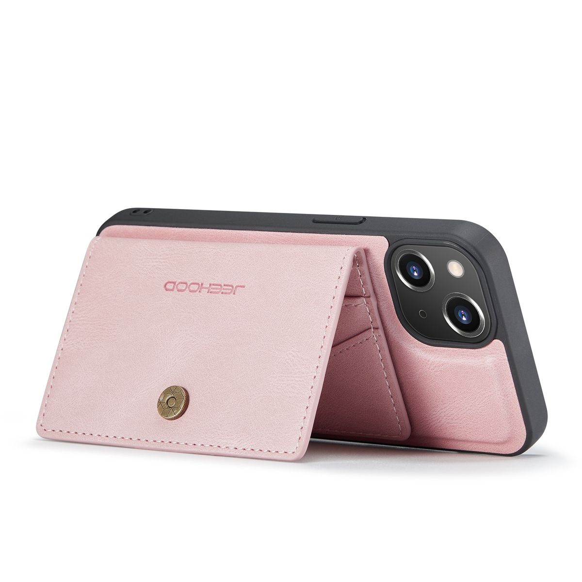 Eine rosa Handyhülle mit Brieftaschenfunktion. Das Telefon ist in der Hülle. Die Hülle ist geöffnet.