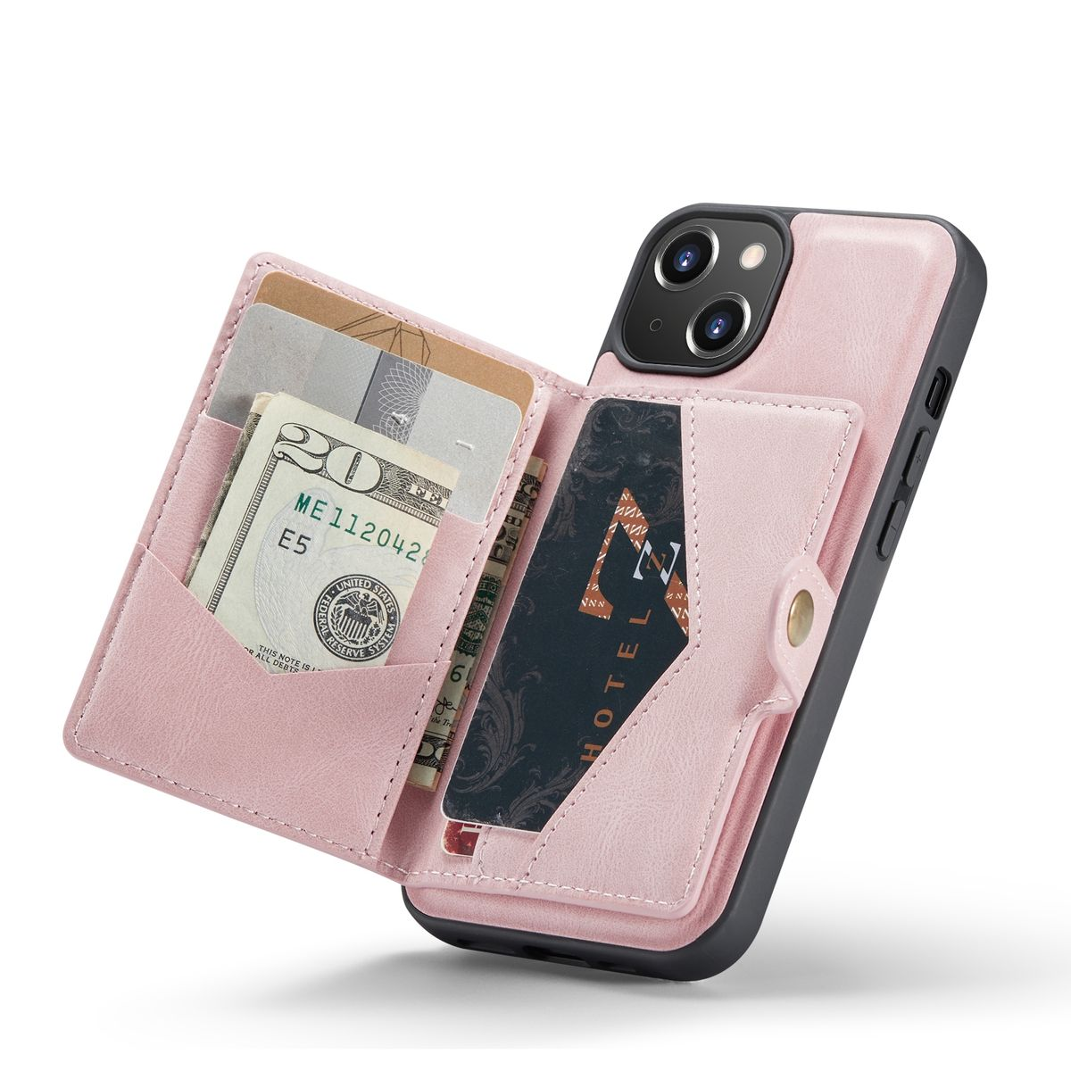 Geöffnete rosa Leder-Handyhülle mit Karten und Bargeld. Schwarzes Telefon innen. Weißer Hintergrund.