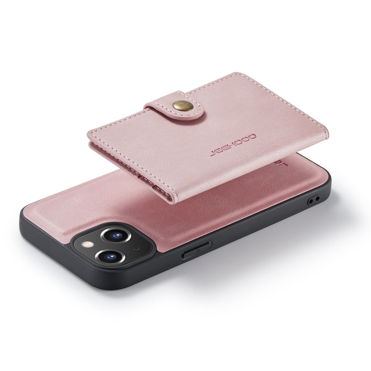 Rosa Handyhülle mit Kartenhalter. Telefon ist rosa und schwarz, auf weißer Oberfläche.