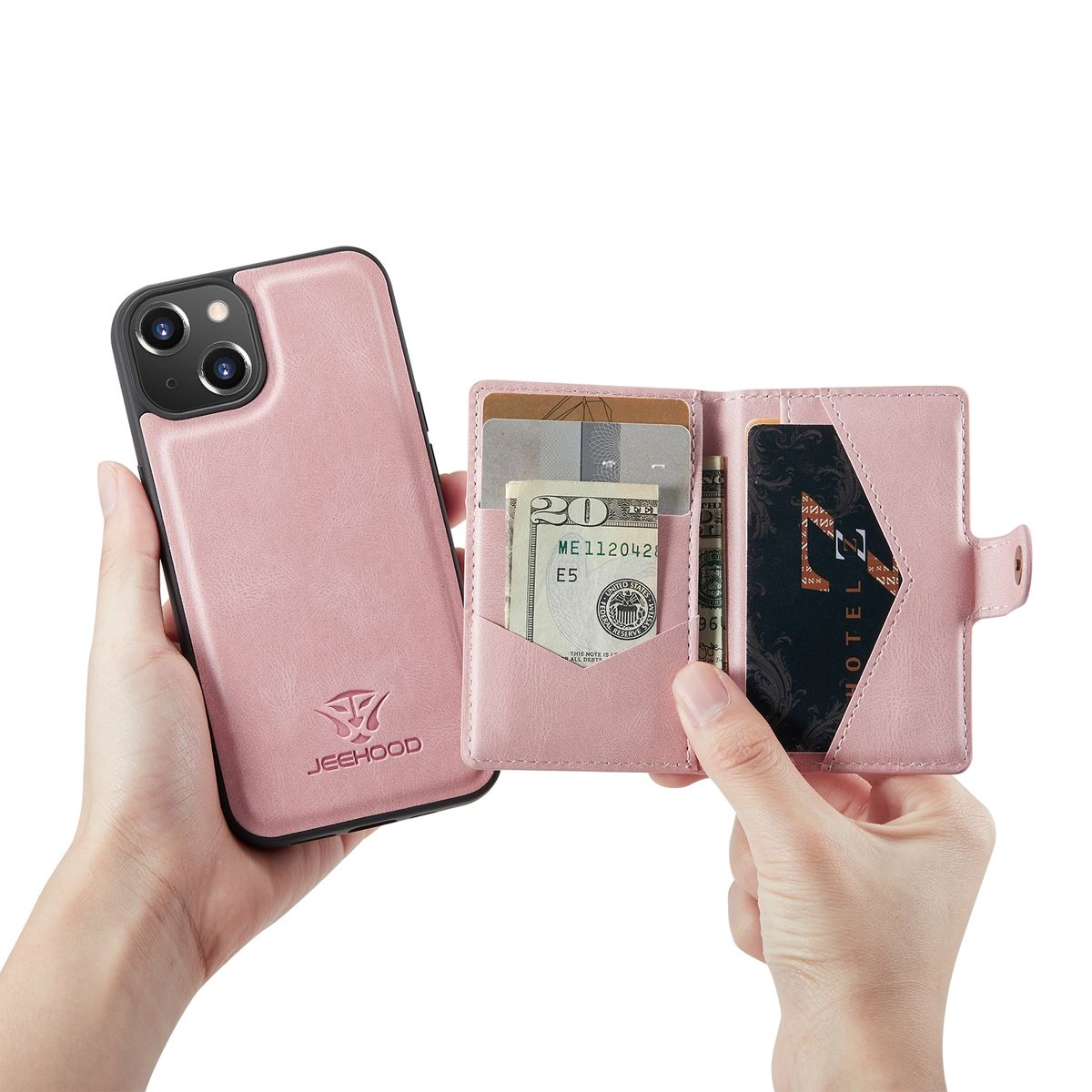 Hände halten eine rosa Handyhülle und ein rosa Portemonnaie mit Geld und Karten.