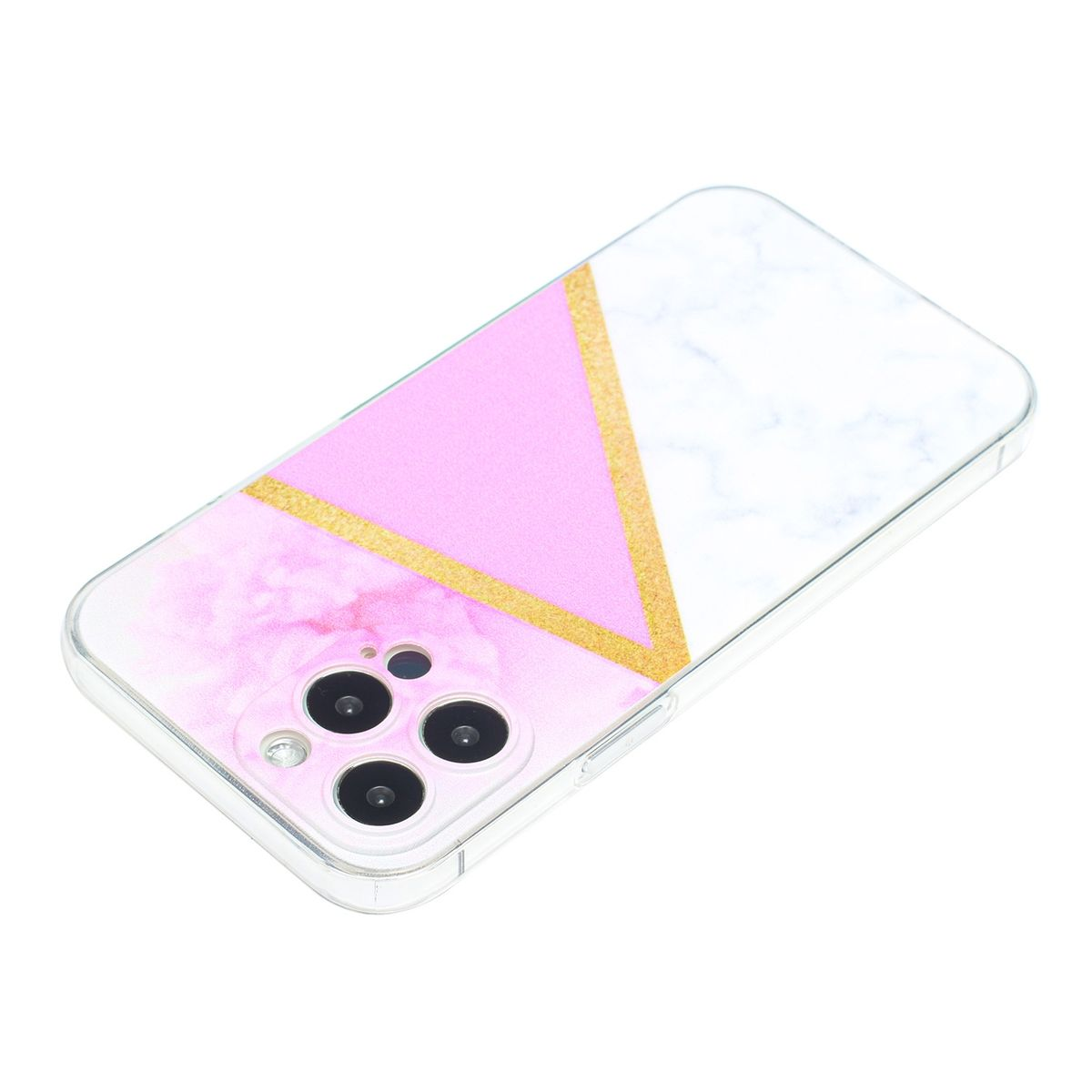 Eine Handyhülle mit rosa und weißem Marmor-Design, goldenen Streifen und Kameraausschnitten.