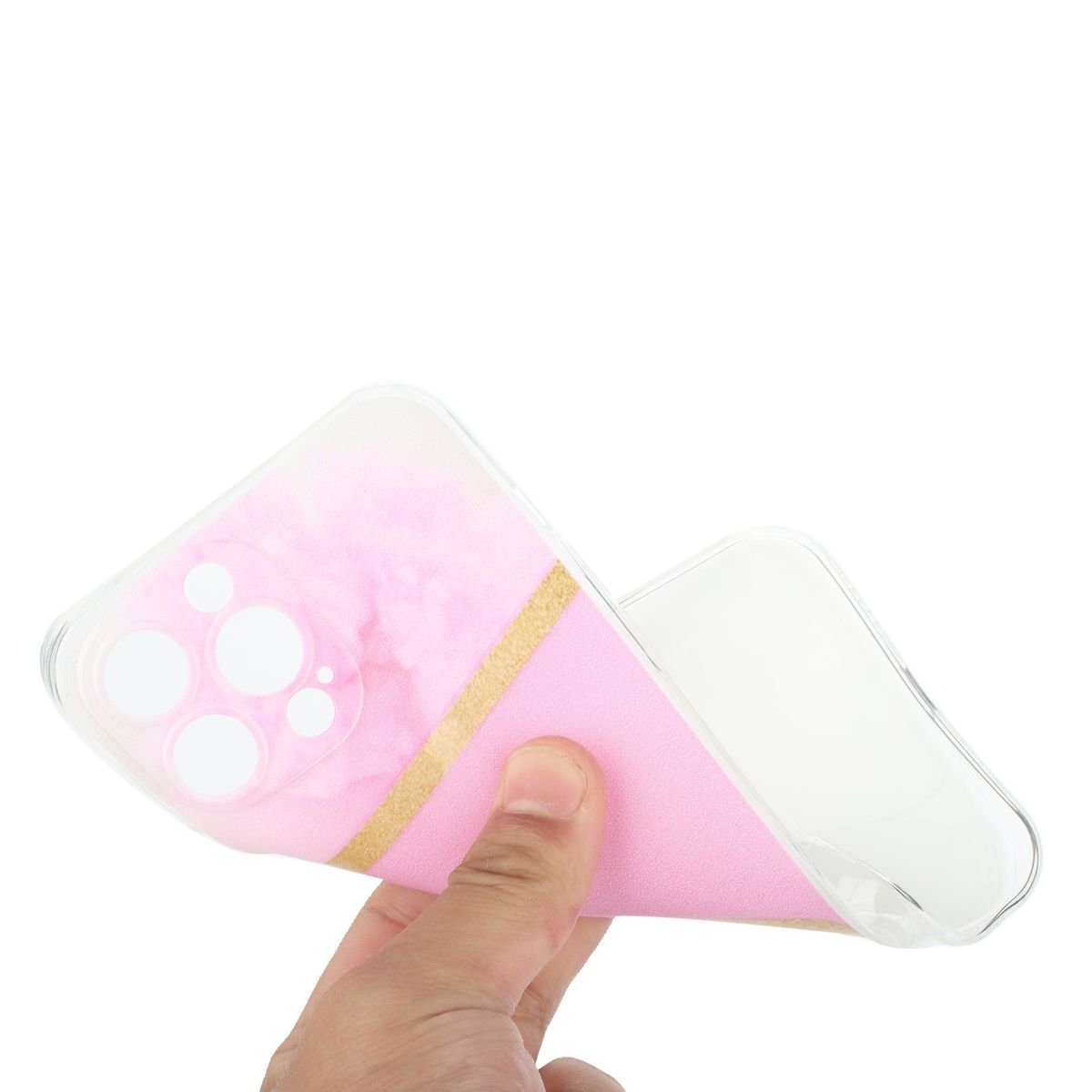 Hand hält rosa und goldene Handyhülle mit geometrischem Design auf weißem Grund.