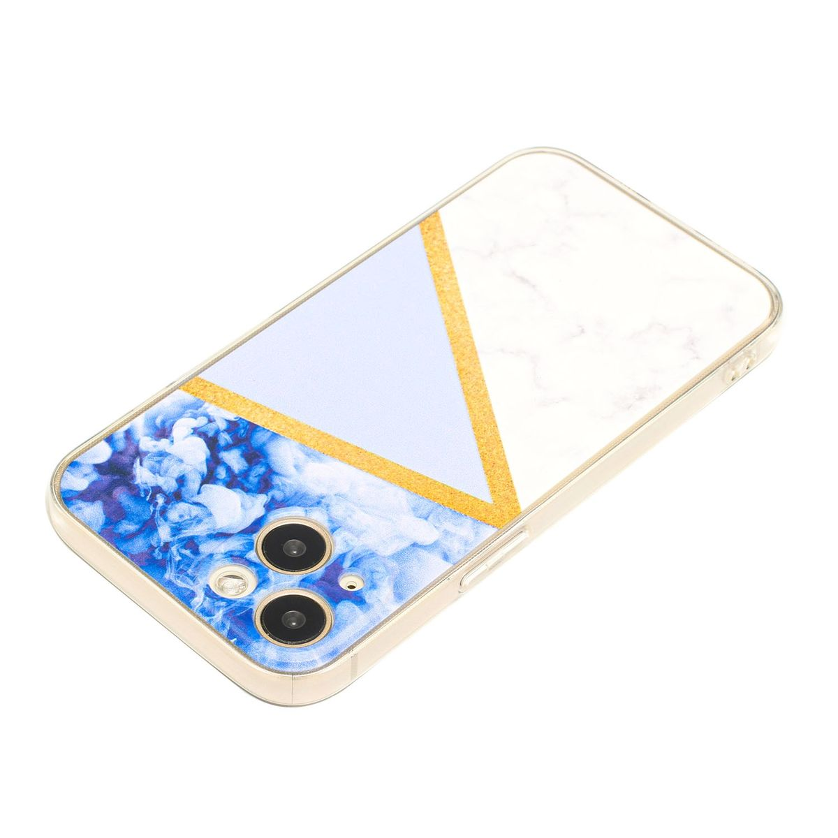 Handyhülle mit blauem und weißem Marmordesign, mit goldenen Akzenten und einem transparenten Rand.