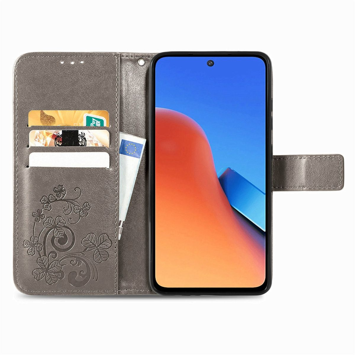 Graue Handyhülle mit Karten und Telefon. Kleeblatt-Design links.