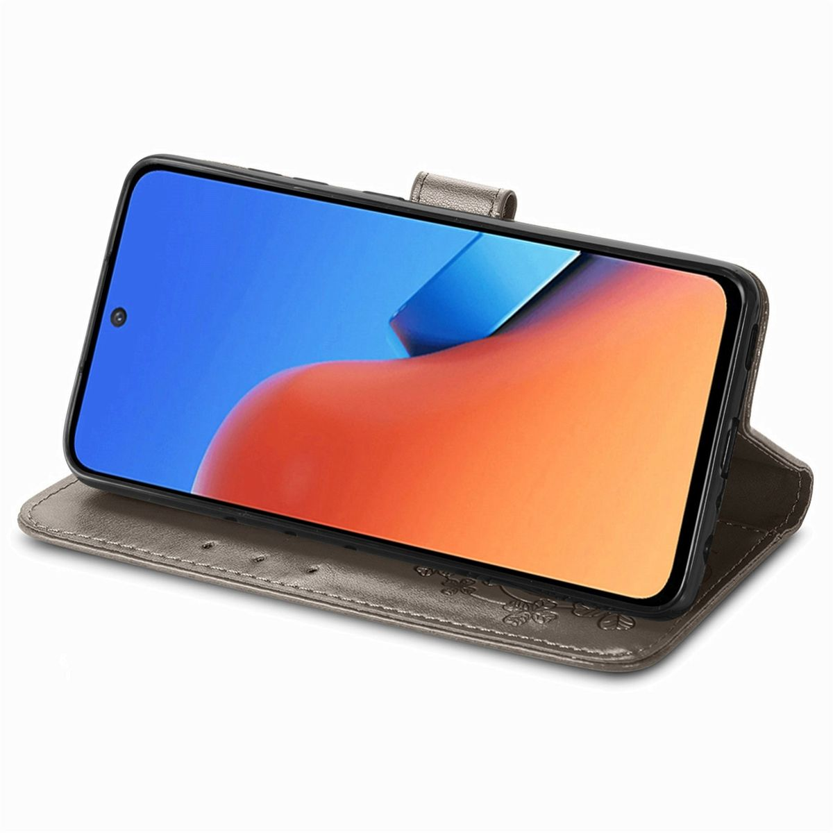 Telefon in einem grauen Etui, geöffnet, zeigt den Bildschirm in einem Winkel.