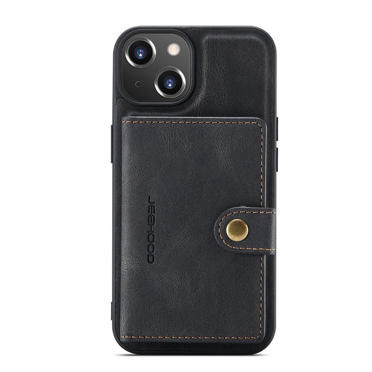 Eine schwarze Handyhülle mit Kartenhalter. Die Hülle ist geschlossen, mit einem Knopf. Das Telefon ist nicht in der Hülle.