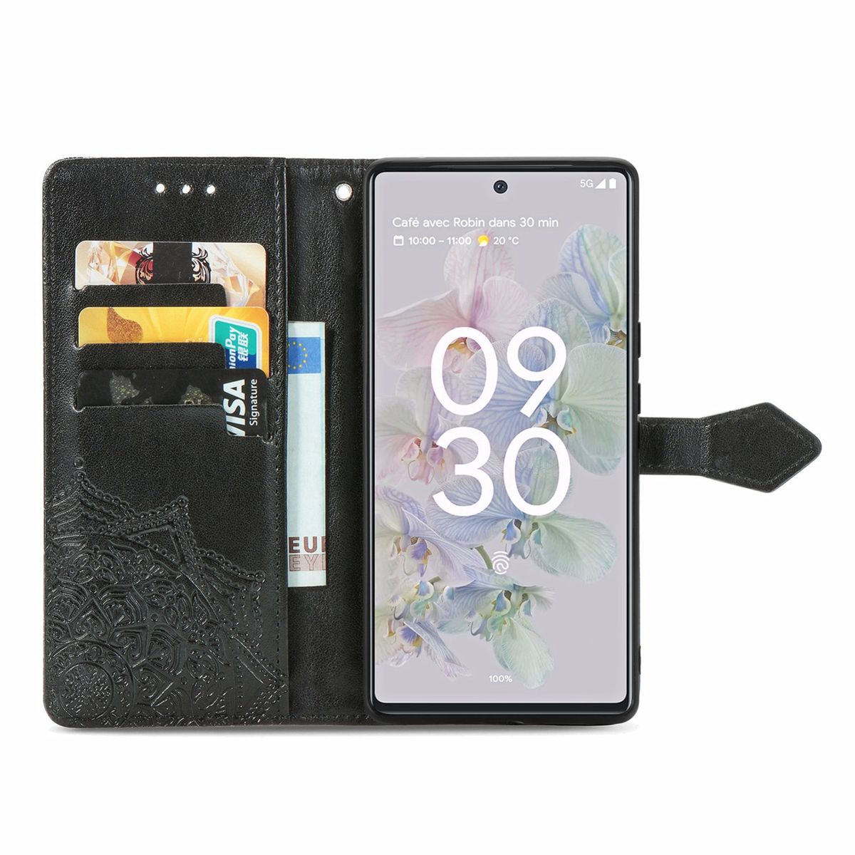 Schwarze Brieftaschen-Handyhülle mit Karten und Telefon sichtbar, mit dekorativem Muster.