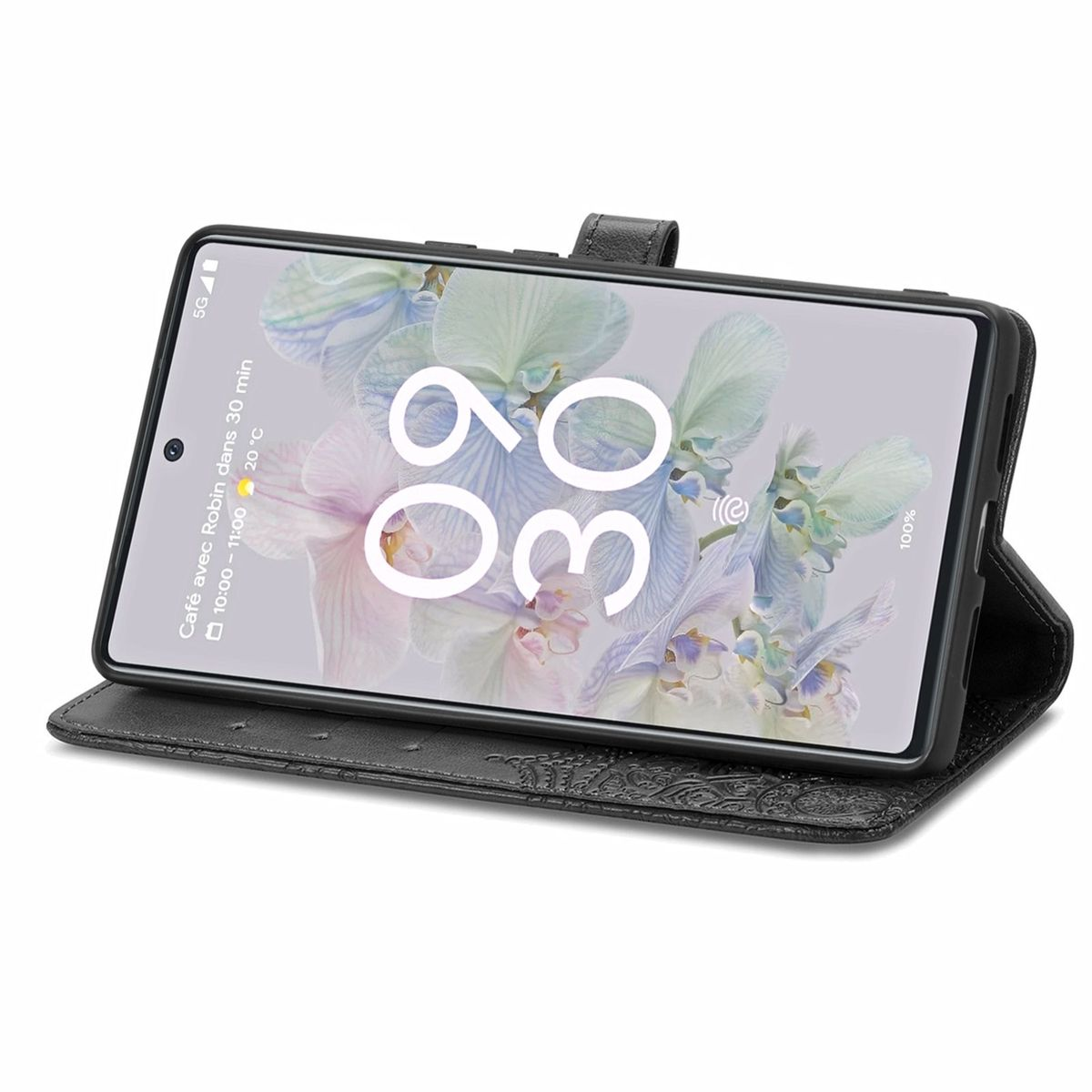 Ein Telefon in einer schwarzen Hülle ist geöffnet und zeigt den Bildschirm des Telefons.