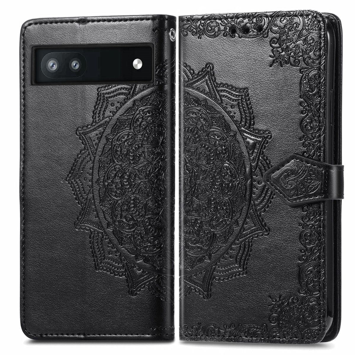 Schwarze Leder-Handyhülle, geöffnet und geschlossen, mit einem Mandala-Design.