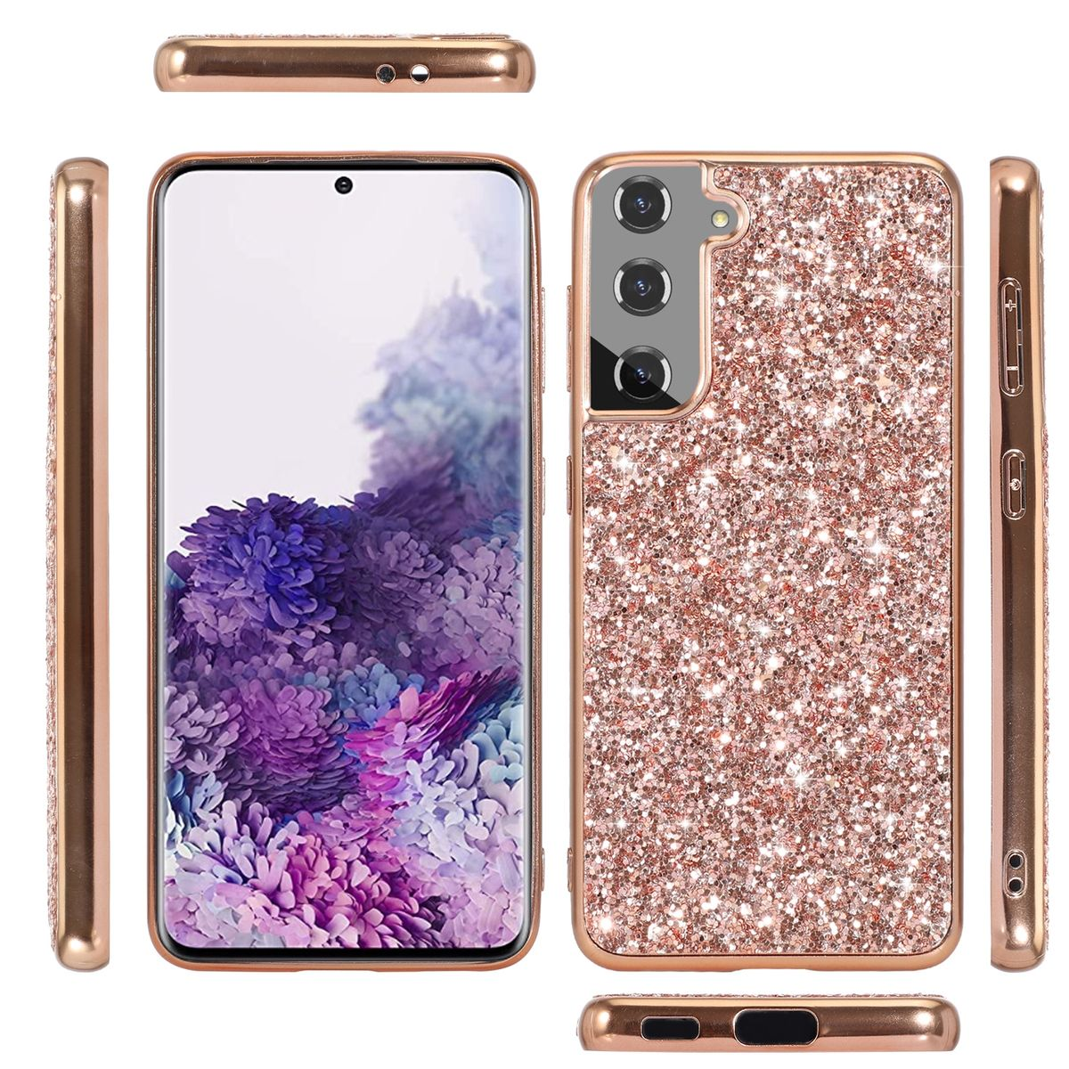 Roségoldfarbene Handyhülle, verschiedene Ansichten des Telefons. Das Gehäuse ist glitzernd.