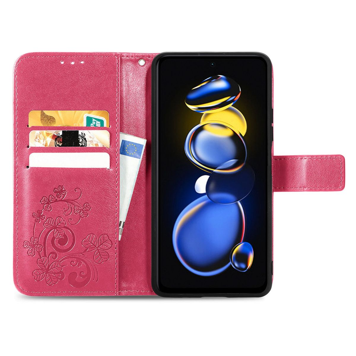 Geöffnete rosa Handyhülle mit Telefon, das ein Bildschirmbild zeigt. Karten und ein Stift sind im Inneren der Hülle sichtbar.