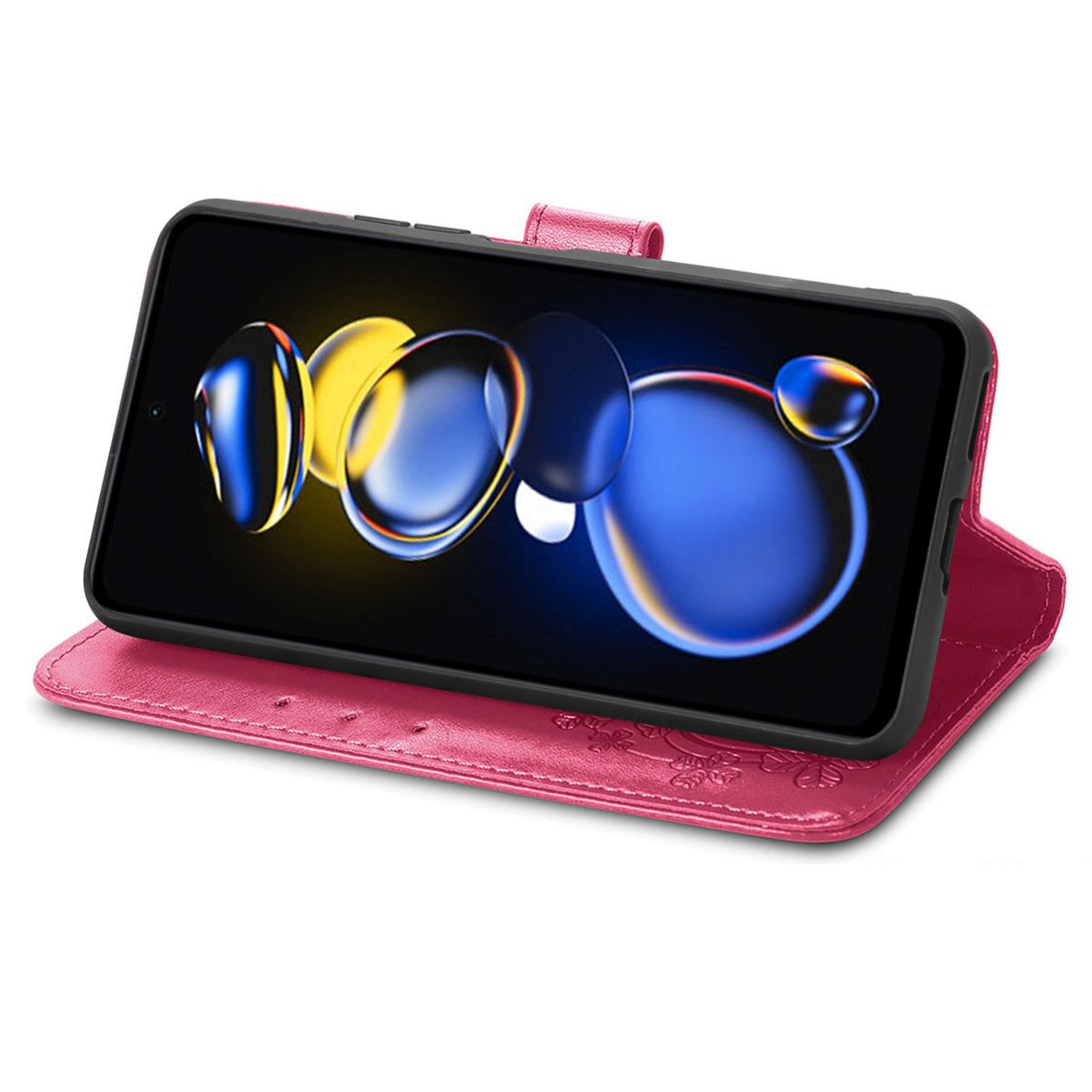 Ein Telefon in einem rosa Etui, offen, mit einer farbenfrohen Bildschirmanzeige.