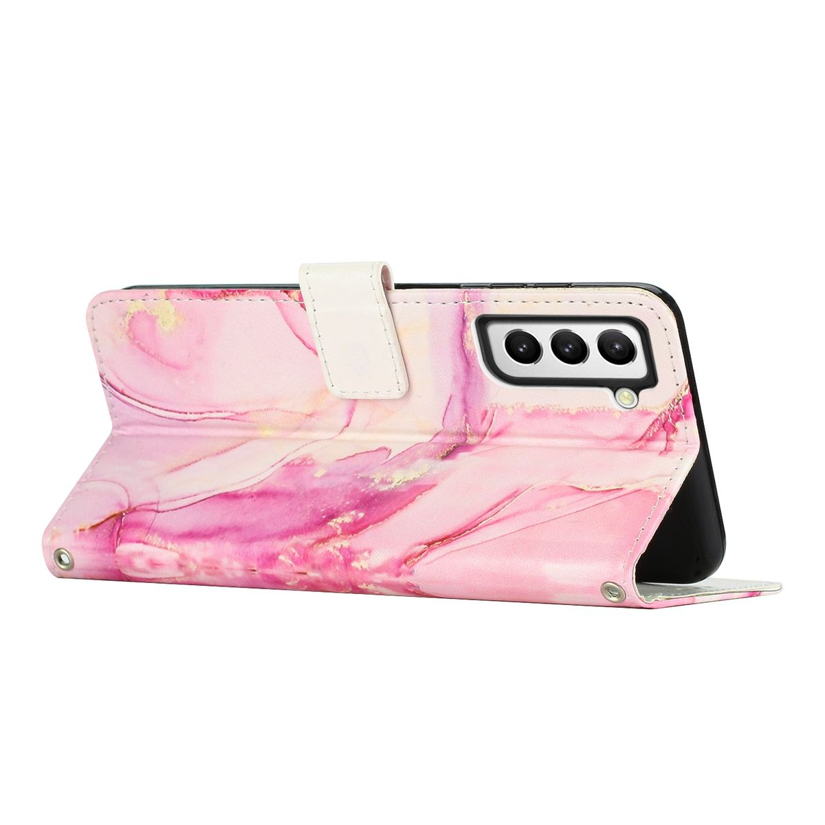 Rosa Handyhülle mit Marmor-Design, offen, zeigt das Telefon. Die Hülle liegt auf einem Tisch.