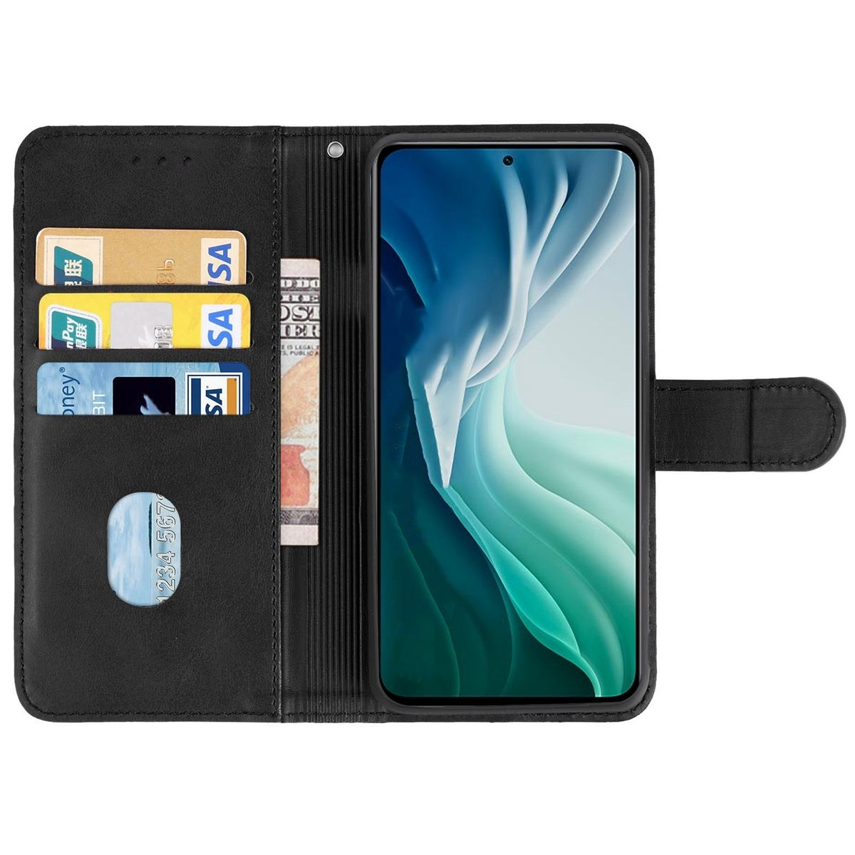 Geöffnete schwarze Handy-Geldbörsenhülle mit Karten, Geld und Telefon darin.