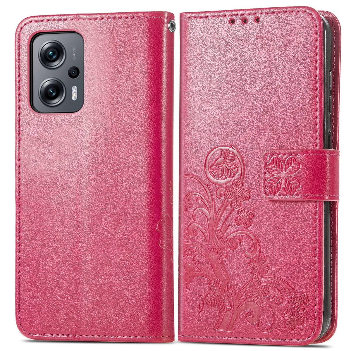 Rosa Handyhülle mit floralem Design, offen, zeigt ein Telefon.