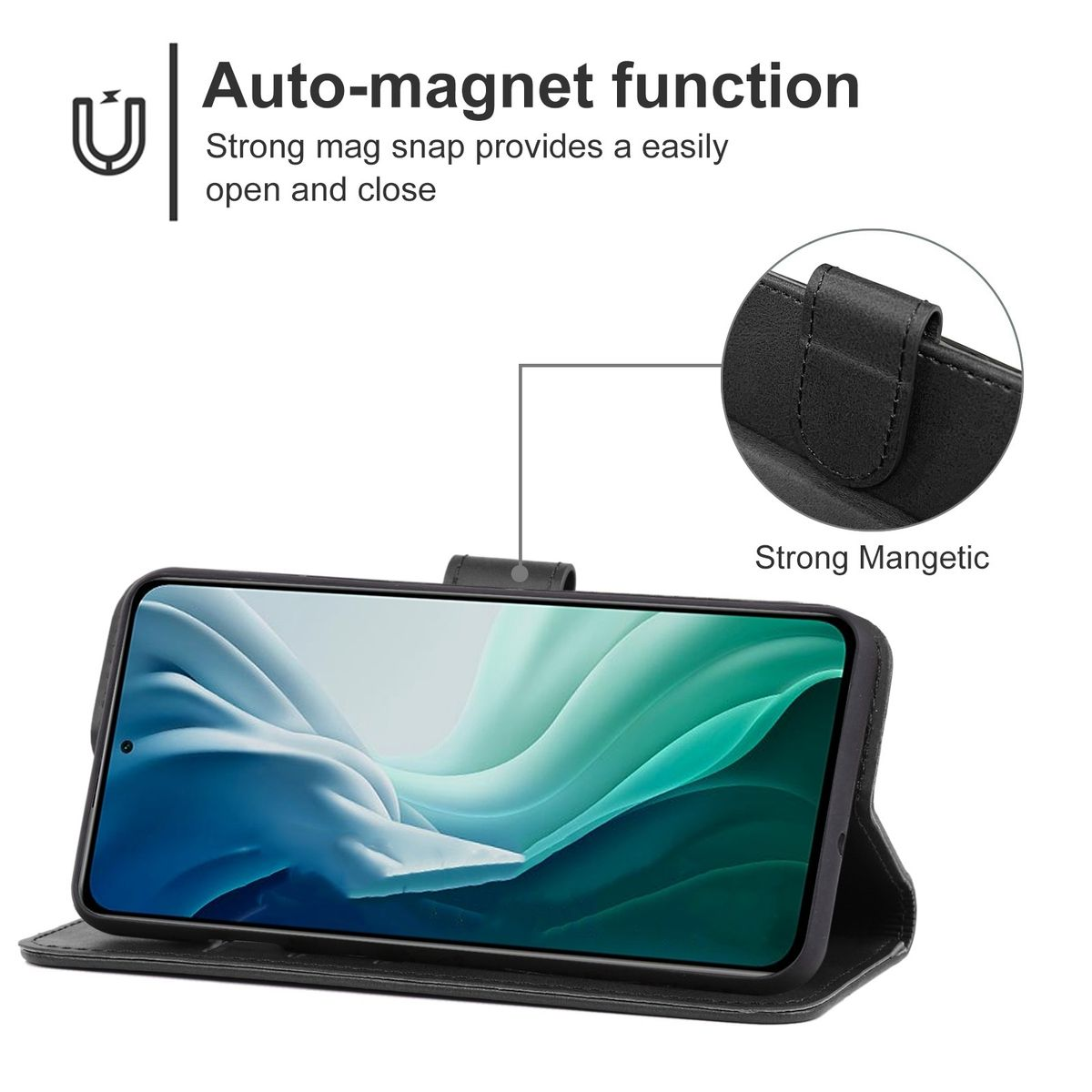 Schwarze Handyhülle mit Magnetverschluss, geöffnet, um einen Telefonbildschirm zu zeigen.