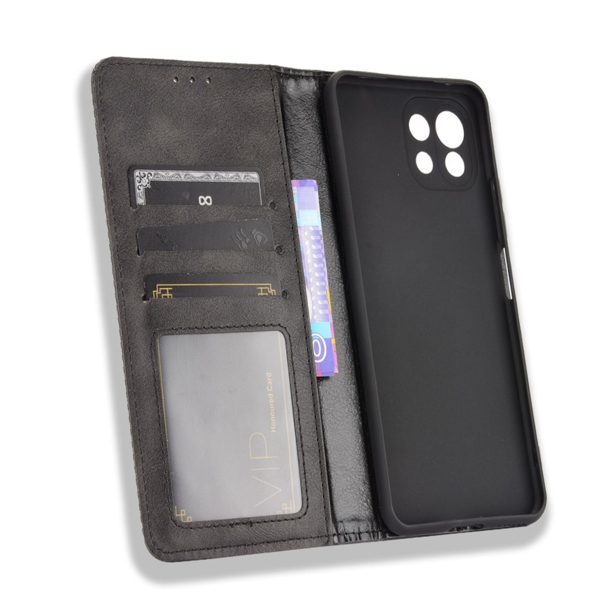 Schwarze Handyhülle mit Brieftasche, Karten und Bargeld. Die Hülle ist offen und zeigt Fächer und einen Telefonschlitz.