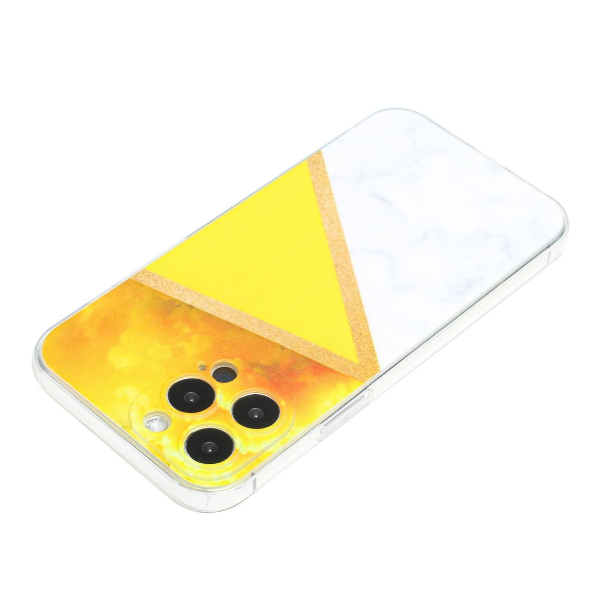 Handyhülle mit gelbem, goldenem und weißem geometrischen Design. Mit Kameraausschnitten.