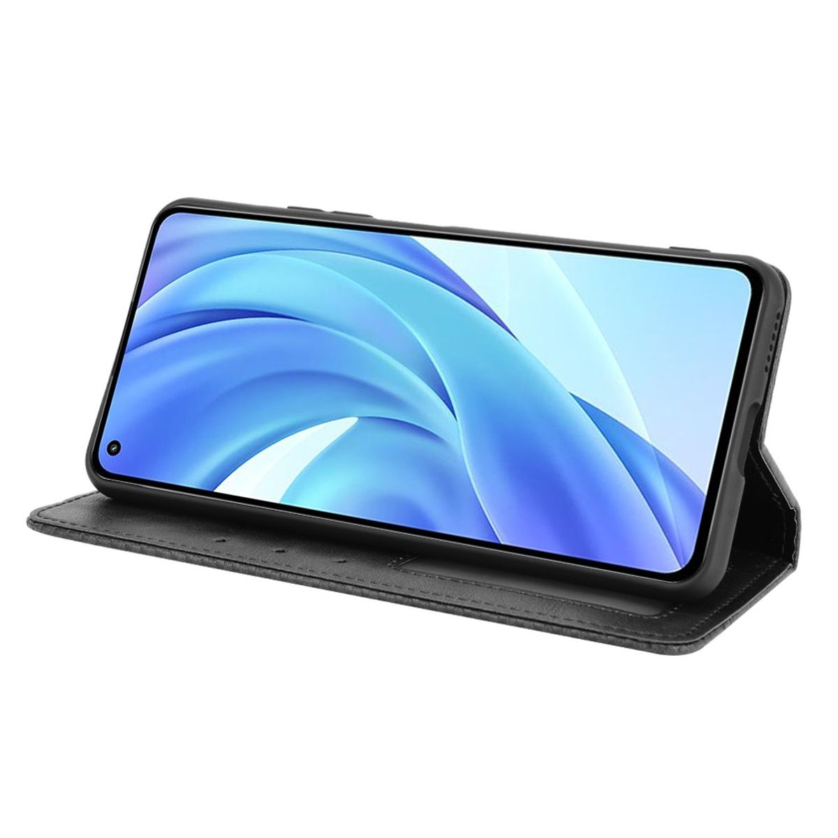Eine schwarze Handyhülle, geöffnet mit einem Telefon darin, auf weißem Hintergrund.