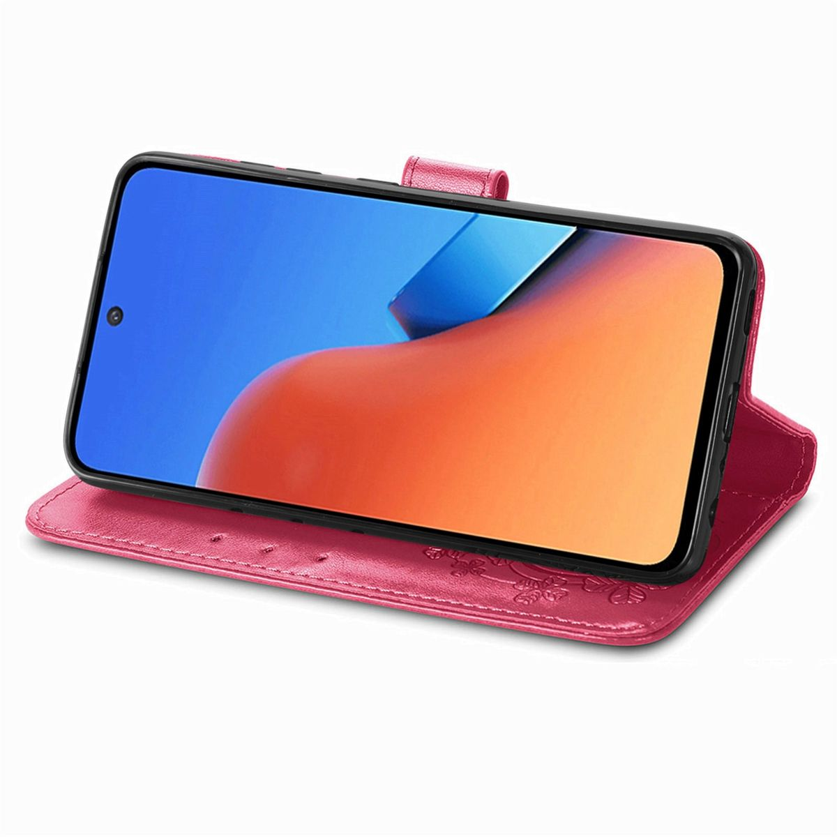 Rosa Handyhülle mit Telefon und floralem Design. Der Bildschirm des Telefons ist orange.