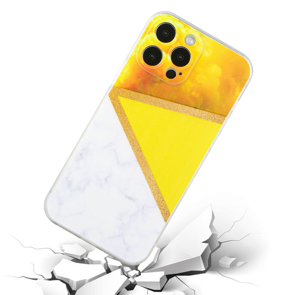 Handyhülle mit geometrischem Design. Das Gehäuse ist gelb, weiß und golden.