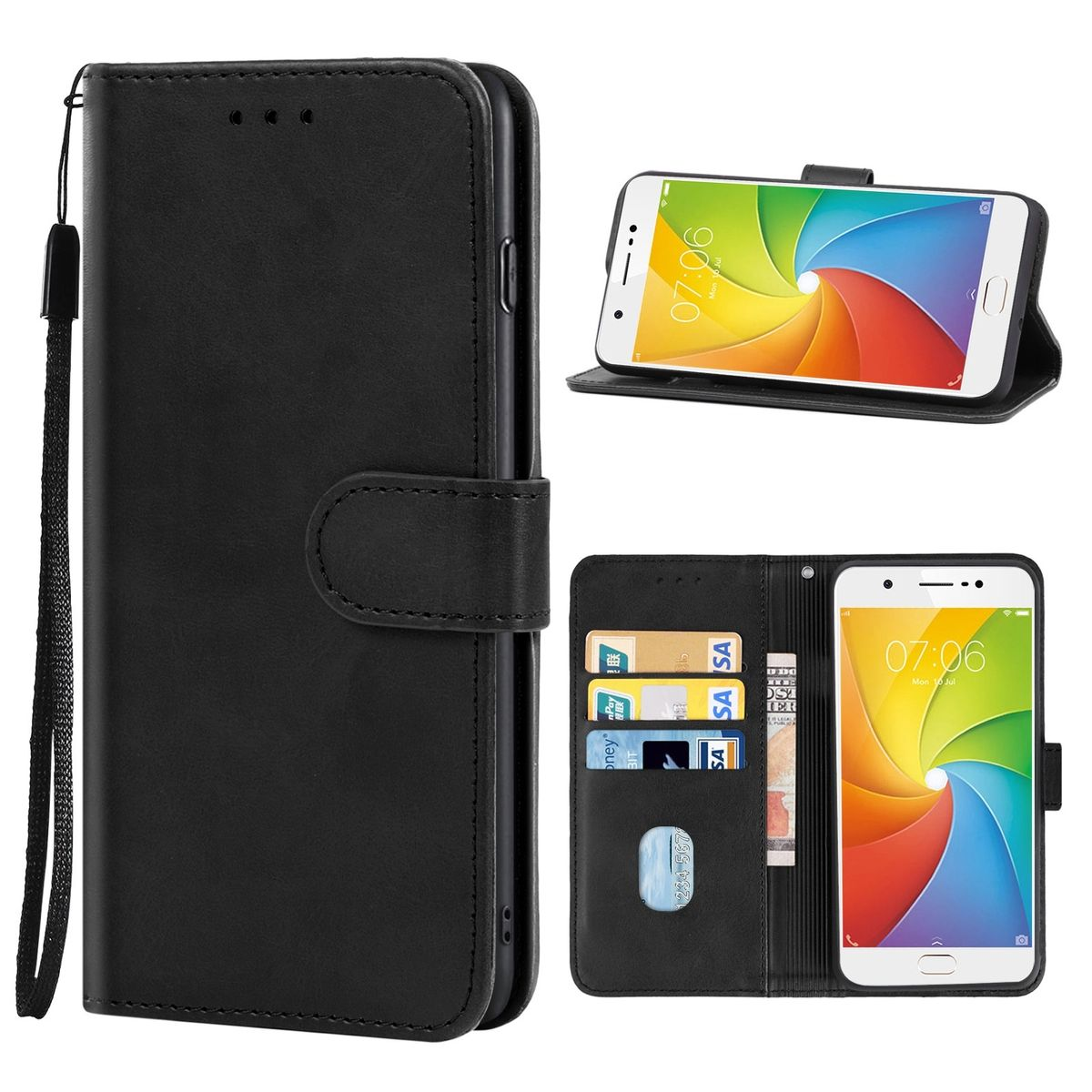 Schwarze Handyhülle mit Telefon, auch offen mit Kartenfächern. Handschlaufe befestigt.